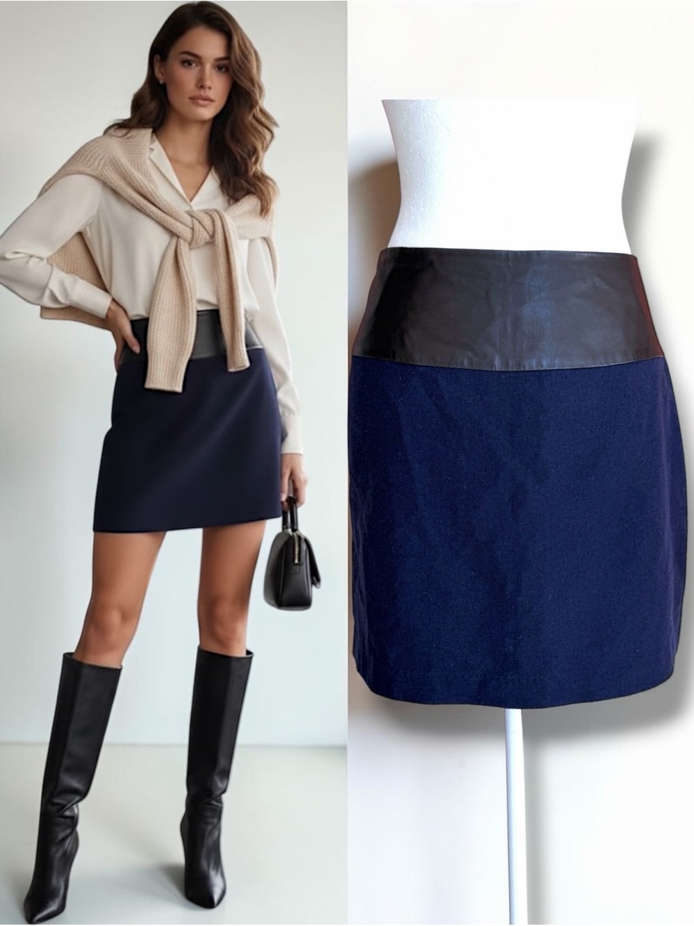 GAP Navy Blue Wool Genuine Black Leather Trim Mini Skirt 6 Preppy Dark Academia
